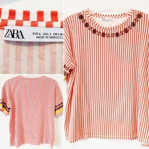 ZARA UK Embroidered Stripe Short Sleeve Top